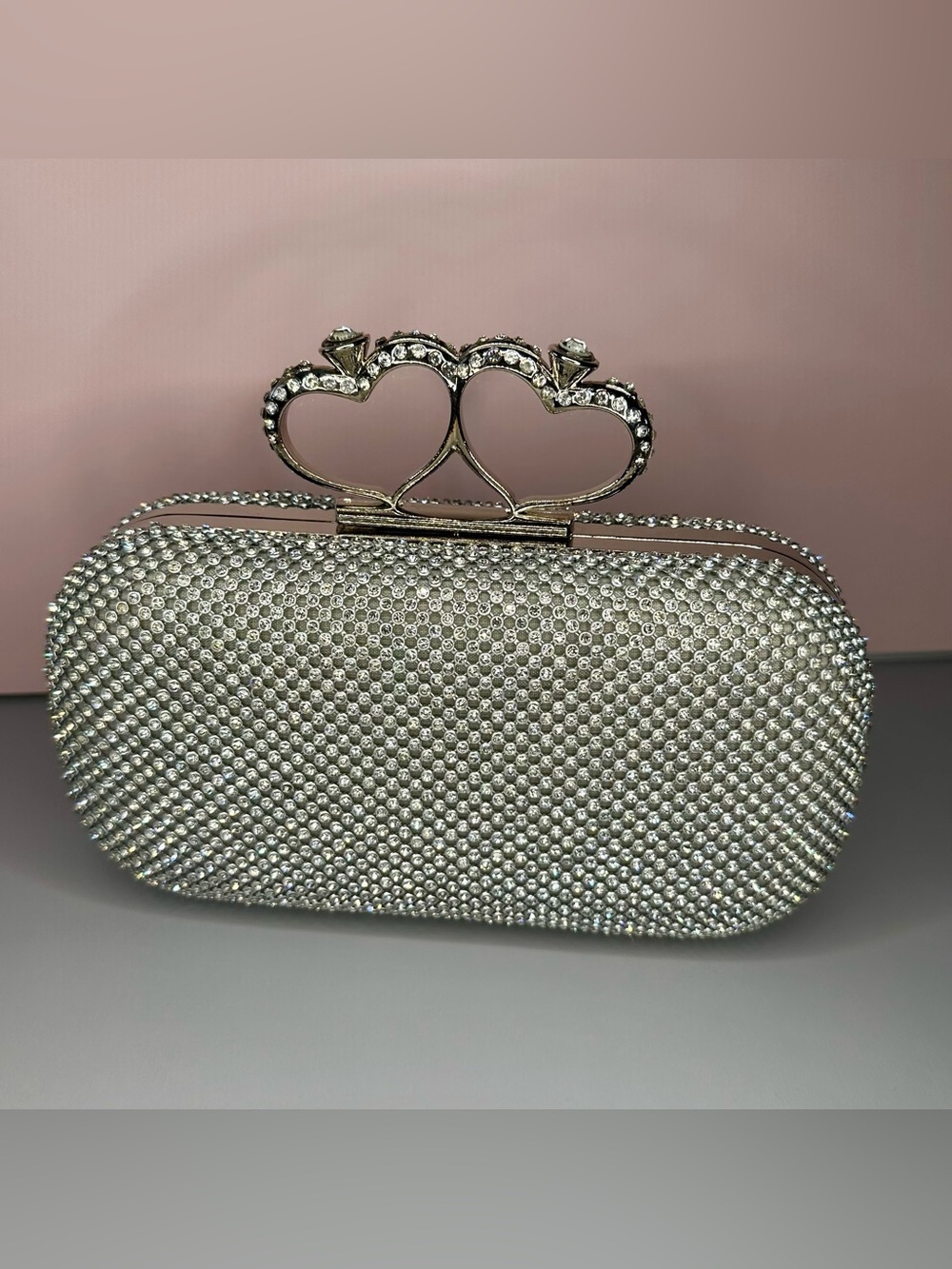 Silver Rhinestone Clutch Heart Clasp Crystal Evening Bag Wedding Prom Formal - Picture 4 of 15